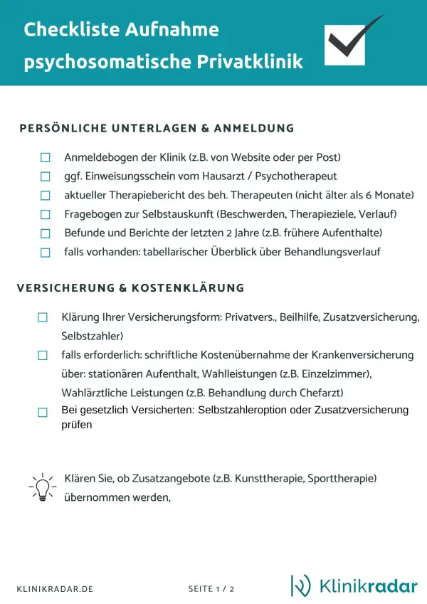 Checkliste: Aufnahme in psychosomatische Privatklinik
